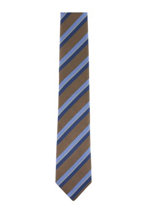 Cravatta marrone con righe diagonali blu e celeste separate da un motivo di piccoli puntini bianchi.