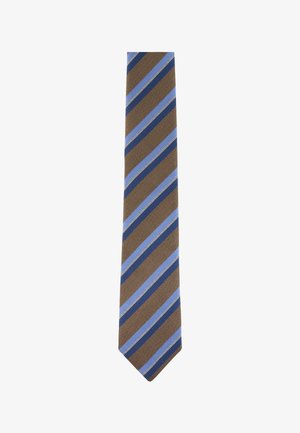 Cravatta marrone con righe diagonali blu e celeste separate da un motivo di piccoli puntini bianchi.
