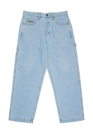 Lichtblauwe denim timmermansspijkerbroek met losse pasvorm, vijf zakken, riemlussen en een klein merklabel op de voorste rechterzak.