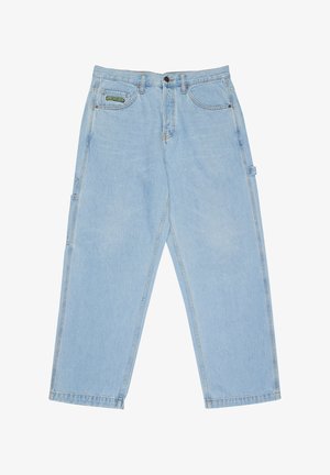 Hellblaue Carpenter-Jeans aus Denim mit lockerem Schnitt, fünf Taschen, Gürtelschlaufen und einem kleinen Markenlabel auf der vorderen rechten Tasche.
