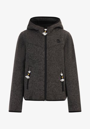 Šedá fleecová bunda s kapucňou, s vreckami na zips, dekoratívnymi třásňami a textúrovanou tkaninou. Čierne akcenty na manžetách a dolnom okraji.