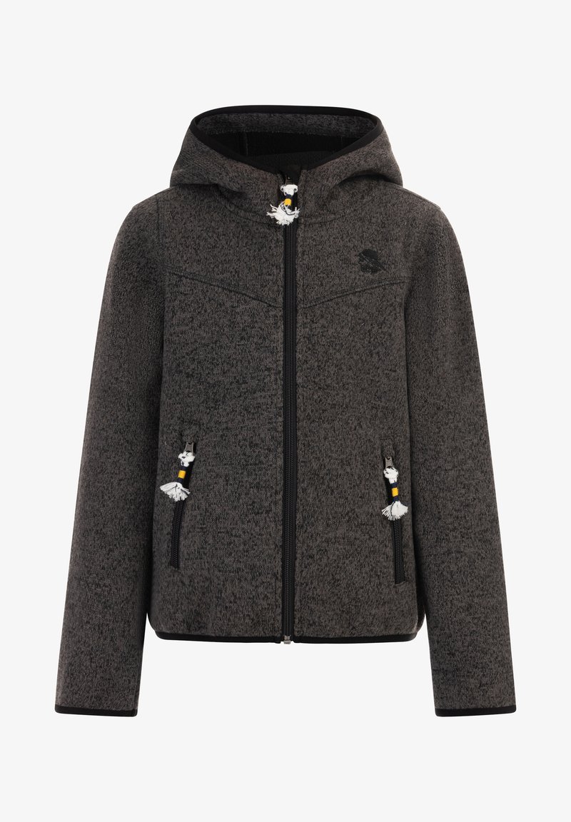 Pilkas vilnos džemperis su gobtuvu, turintis kišenes su užtrauktuku, dekoratyvinius kutus ir tekstūruotą audinį. Juodi akcentai palei Rankoves ir apykaklę.