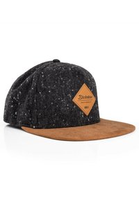 Black cap with a speckled black fabric upper, brown suede flat brim, and a tan diamond patch logo centered on the front.