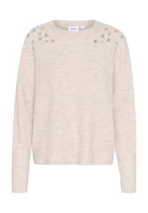 Suéter beige claro de tela suave, con cuello redondo, mangas largas y adornos decorativos en los hombros.