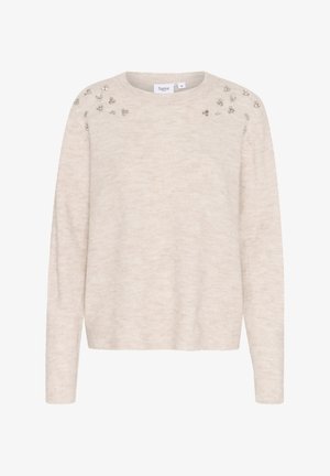 Jasno beżowy sweter wykonany z miękkiego materiału, z okrągłym dekoltem, długimi rękawami oraz dekoracyjnymi ozdobami na ramionach.