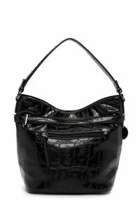 Bolso de mano de imitación de cocodrilo negro con una parte superior curved, correa ajustable y múltiples bolsillos con cremallera. Textura suave con un acabado brillante.