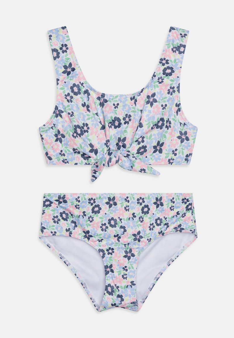 Zestaw bikini w kwiaty, składający się z topu w stylu crop z wiązaniem z przodu i regulowanymi ramiączkami oraz dopasowanych majtek w wysokim stanie w pastelowej kolorystyce.