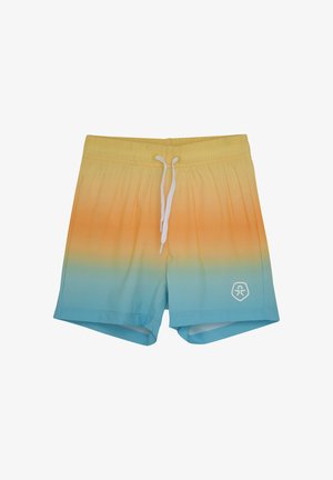 Badbyxor med en gradientfärgad design som går från gult till blått, tillverkade av lätt material, med en vit dragsko och logotypdetalj.