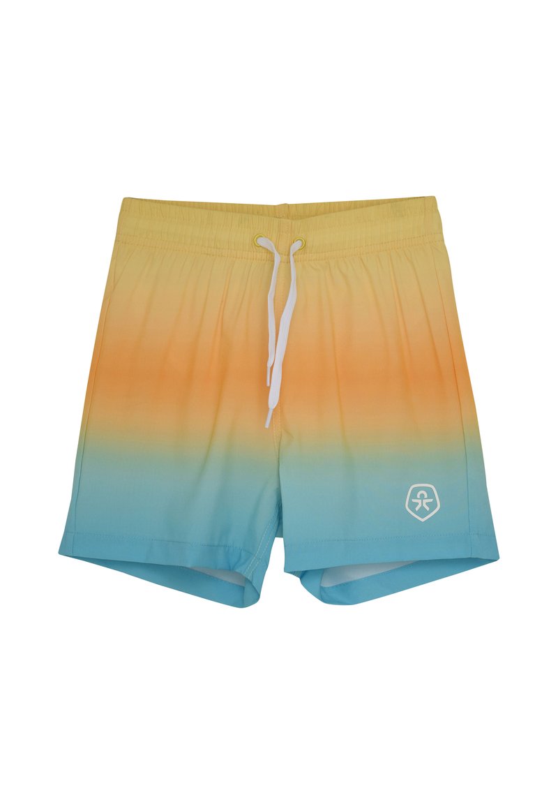 Badbyxor med en gradientfärgad design som går från gult till blått, tillverkade av lätt material, med en vit dragsko och logotypdetalj.