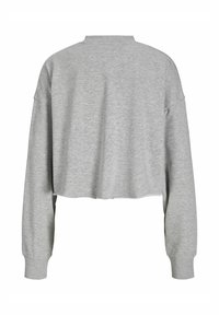 Sudadera gris cortada con cuello redondo y mangas largas, ligeramente holgadas. Textura suave, diseño minimalista sin patrones ni acentos.
