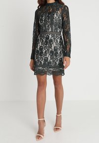 Robe en dentelle vert foncé avec des manches longues, un col montant et un ourlet festonné. Présente des motifs floraux et une silhouette ajustée.