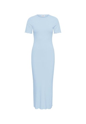 Hele sinine soonik, lühikeste varrukatega midi-kleit, ümar kaelus ning lainelised ääred varrukatel ja all serval.