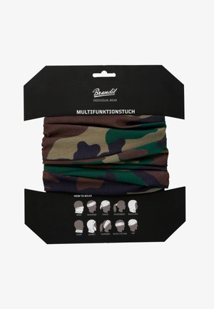 Multifunctionele buis sjaal in camouflageontwerp met bruin, groen en zwarte kleuren. Zacht, elastisch materiaal; verpakking toont verschillende draagmogelijkheden.