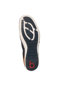 Semelle de chaussure avec des motifs de traction noir et blanc, texte "bugatti" répété, marquage de taille 42, et logo rouge "b" près du talon.