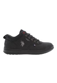 Sneaker nere con lacci, upper in pelle liscia, design del logo grigio di lato e occhielli rossi e blu in contrasto. Suola in gomma.