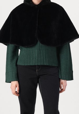 Persona che indossa un mantello di pelliccia nera sopra un maglione verde a coste e pantaloni neri, mostrata dal collo ai fianchi su uno sfondo neutro.
