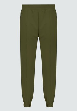 Olijfgroene joggingsbroek gemaakt van zacht materiaal, met een elastische tailleband, taps toelopende boorden en zijzakken voor functionaliteit.