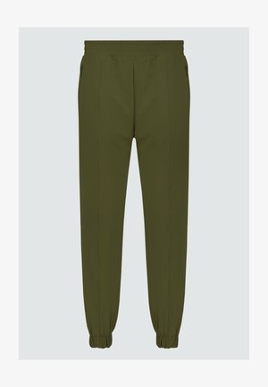 Pantaloni jogger verde oliva realizzati in tessuto morbido, con vita elastica, polsini affusolati e tasche laterali per funzionalità.
