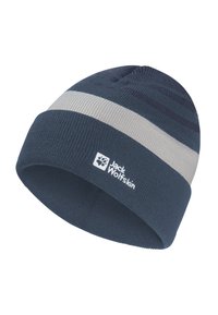 Beanie lavorato a maglia blu e grigio con risvolto, dotato del logo Jack Wolfskin sul davanti del risvolto.