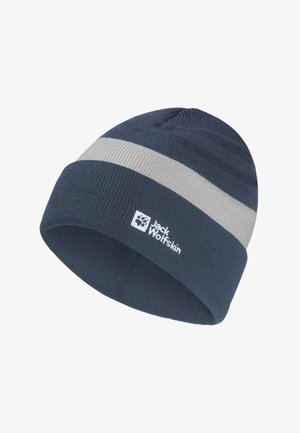 Beanie lavorato a maglia blu e grigio con risvolto, dotato del logo Jack Wolfskin sul davanti del risvolto.