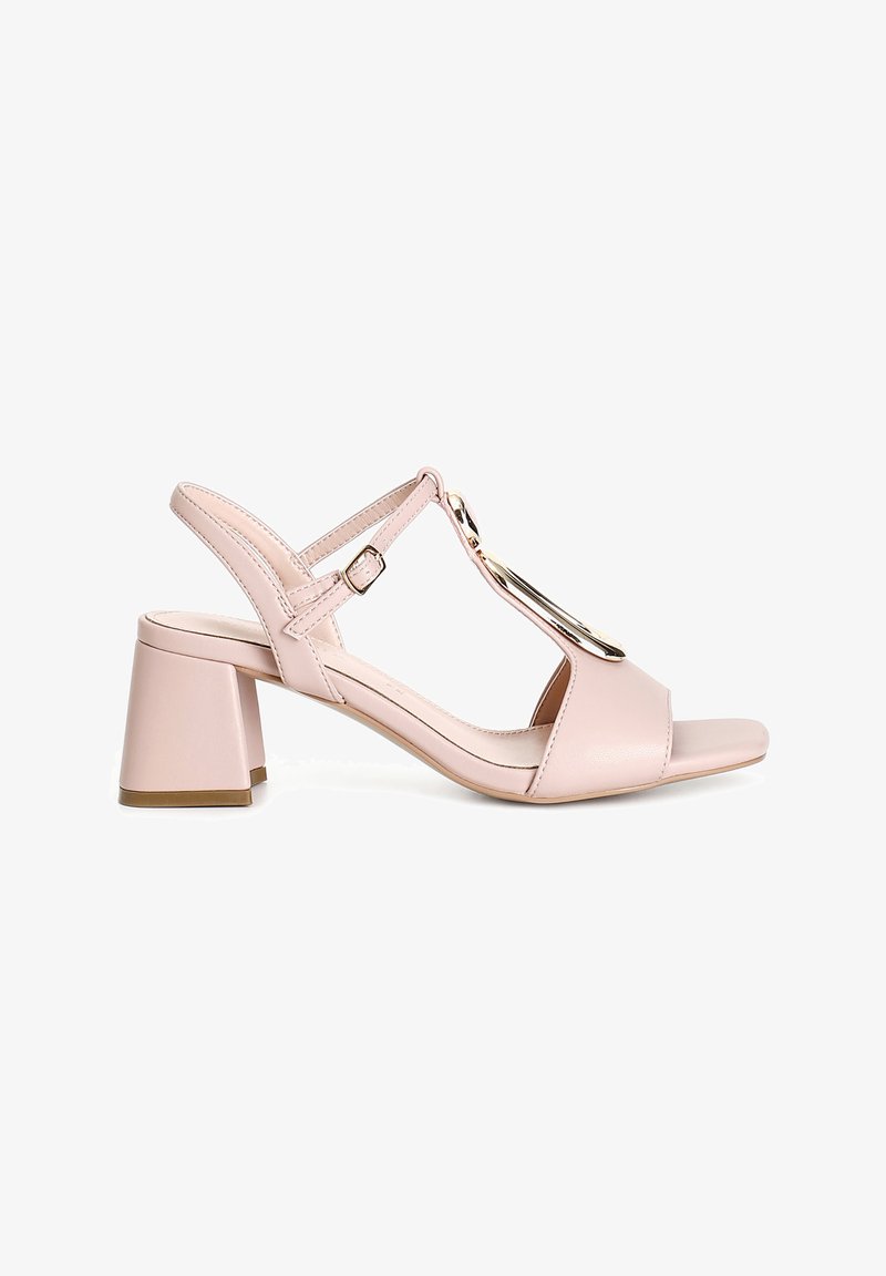 Pink heeled sandal with open toe, slingback design, gold accent on T-strap, block heel. Smooth synthetic material, minimal texture.