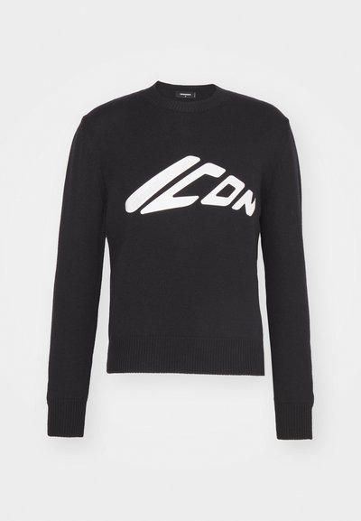 Sort strikket sweater med rund halsudskæring, ribbede manchetter og kant. Har et fremtrædende hvidt "ICON" logo i en stiliseret skrifttype på forsiden.