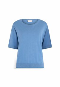 Pulover scurt cu mânecă scurtă de culoare albastră deschisă, confecționat dintr-un material tricotat moale. Dispune de un guler rotund și margine ribbed. Design simplu și versatil.