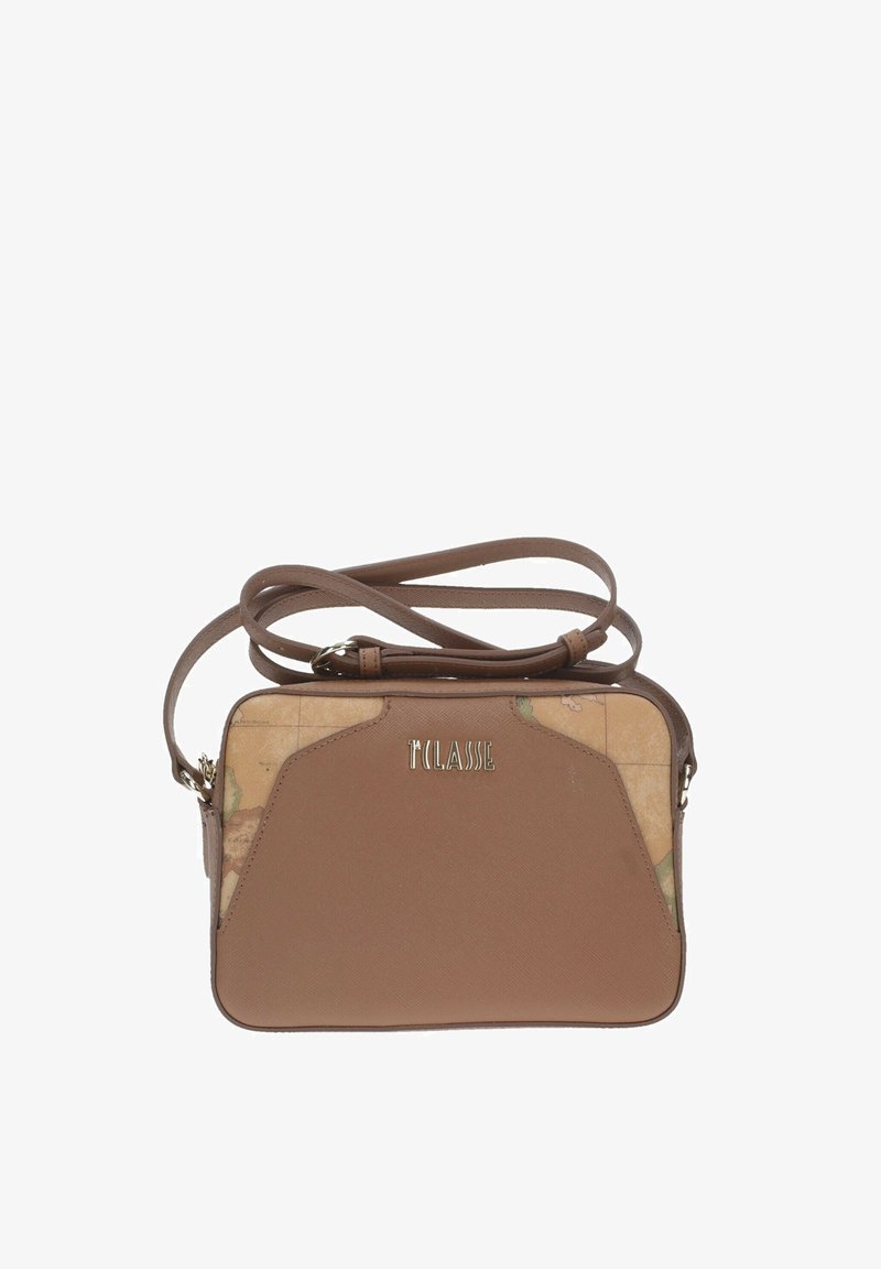 Borsa a tracolla in finta pelle marrone con un lato in tessuto a motivo mappa, chiusura con zip e tracolla regolabile. Caratterizzata da logo di marca metallico.