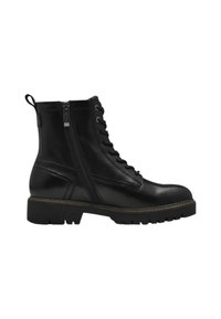 Bottines noires avec des matériaux mélangés, lacées à l'avant, avec une fermeture éclair sur le côté, un petit talon carré et une semelle en caoutchouc texturée. Fini lisse et brillant.