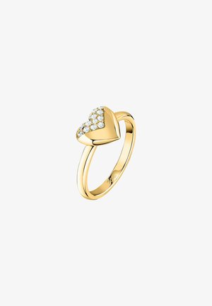 Anello d'oro con la metà superiore a forma di cuore incastonata di piccoli cristalli trasparenti, l'altra metà liscia e lucidata.