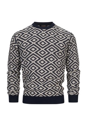 Pull en tricot à col rond avec un motif en losanges bleu marine et beige, doté de poignets et d'un ourlet côtelés. Le matériau semble doux et texturé.