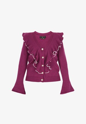 Fuksjowy kardigan z falbaniastymi brzegami, perłowymi guzikami i rozszerzanymi rękawami. Wykonany z miękkiej dzianiny dla komfortu.