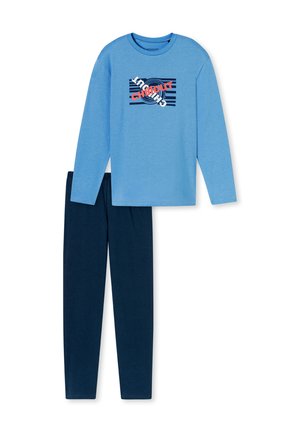 Blue long-sleeve shirt featuring a graphic design with red and navy stripes, paired with navy elastic waistband pants. Soft cotton material.