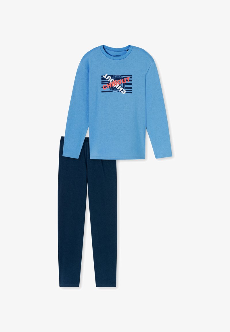 Blue long-sleeve shirt featuring a graphic design with red and navy stripes, paired with navy elastic waistband pants. Soft cotton material.
