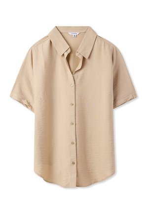 Camicia beige a maniche corte con colletto all'inglese, realizzata in un tessuto testurizzato e con orlo curvo. Sei bottoni nella parte anteriore.
