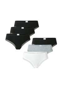 Cinq paires de culottes pour femmes : trois noires, une grise et une blanche. Matière en coton, taille élastique, bord en dentelle sur les bords.
