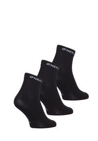 Chaussettes noires à cheville avec un bord côtelé et le logo "O'Neill" en blanc. Fabriquées à partir d'un matériau lisse et extensible, idéales pour un usage décontracté.