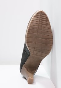 Svarta klackskor med en strukturerad ovandel och en gummisula. Utmärkande spår på sulan, med en avsmalnande klackdesign.