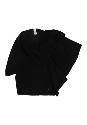 Schwarzer Strick-Cardigan mit langen Ärmeln, ausgestattet mit einem Schalkragen und einer dezenten Textur, flach auf einem weißen Hintergrund präsentiert.