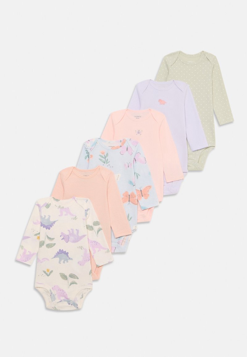 Set aus fünf langärmligen Babybodys in weicher Baumwolle. Enthält Pastellfarben, florale und Dinosauriermuster sowie ein Punktedesign.