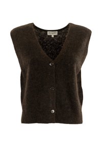 Gilet di lana marrone con scollo a V, quattro bottoni e orlo a coste. Texture morbida con una vestibilità leggermente ampia e senza maniche.