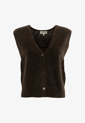 Gilet di lana marrone con scollo a V, quattro bottoni e orlo a coste. Texture morbida con una vestibilità leggermente ampia e senza maniche.