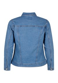 Heledasinine teksajakk, millel on klassikaline krae, pikad varrukad ja külgsuunalised õmblused. Metallnuppude detail varrukatel.