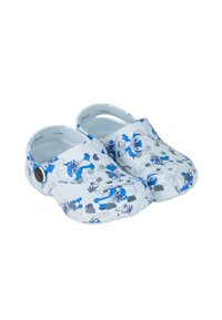 White clogs featuring blue cartoon character print, round shape, open back, textured soles, and a black accent button.