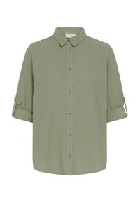 Chemise boutonnée vert olive clair avec manches mi-longues retroussées et col classique, présentée sur fond blanc.