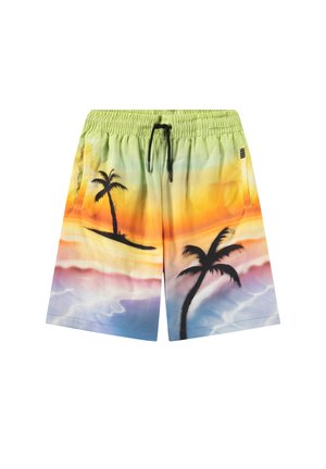 Elastne vöökoht lühikesed püksid musta paelaga, millel on värvikas rannapäikeseloojangutruud ja kaks musta palmipuud.