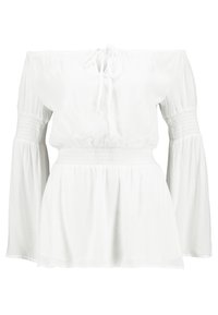 Blouse blanche à épaules dénudées avec fermeture à nouer, taille élastiquée et manches longues en forme de cloche. Fabriquée dans un tissu doux, elle présente une coupe ample.