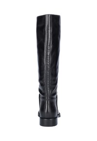 Zwart leren laars tot aan de knie met een zachte textuur, ronde neus en minimalistisch ontwerp. Beschikt over een lage, vierkante hak en een achtersteem detail.