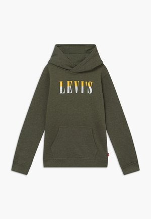 Sweat à capuche vert olive avec poche ventrale et logo "LEVI'S" en jaune et blanc sur la poitrine, doté de manches longues et d'une capuche.