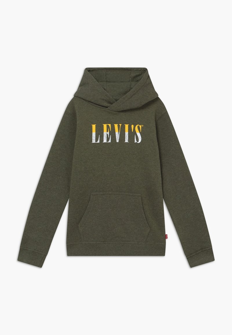 Sweat à capuche vert olive avec poche ventrale et logo "LEVI'S" en jaune et blanc sur la poitrine, doté de manches longues et d'une capuche.